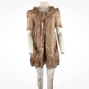 Pretty Angel Sz S Chiffon Babydoll Embroidered Floral Dress Brown Silk Blend